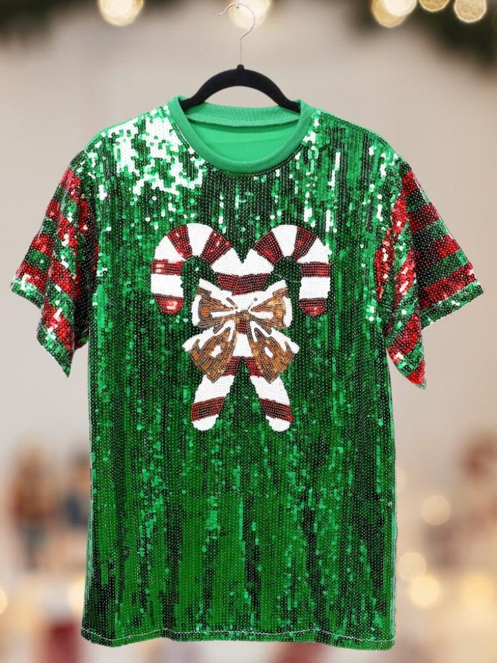 Christmas Candy Cane Sequin Jersey Top